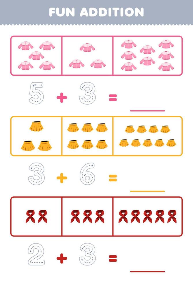 jeu éducatif pour les enfants addition amusante en comptant et en traçant le nombre de dessin animé mignon chemisier jupe écharpe imprimable vêtements portables feuille de travail vecteur