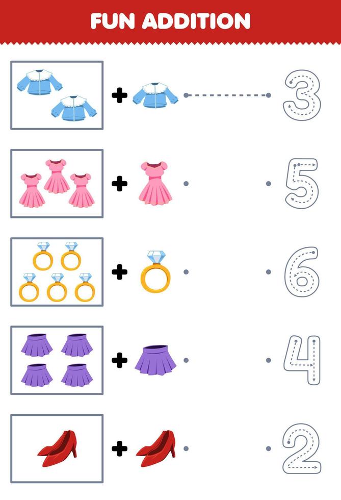 jeu éducatif pour les enfants ajout amusant de dessin animé chemisier robe anneau jupe talons puis choisissez le bon numéro en traçant la feuille de travail des vêtements en ligne vecteur