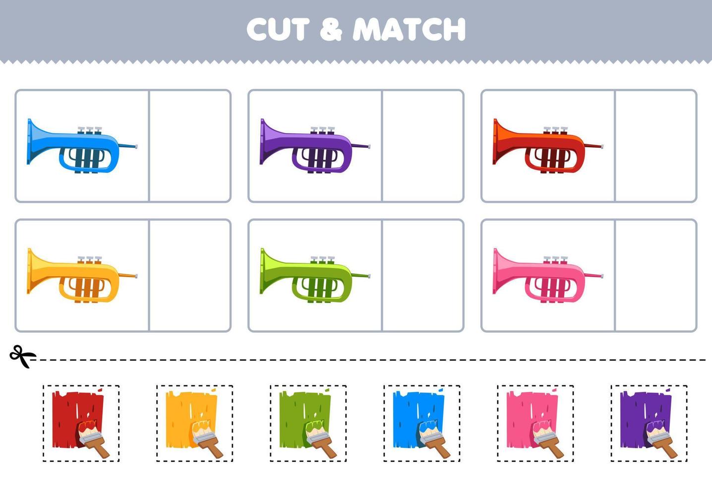 jeu éducatif pour les enfants couper et assortir la même couleur de feuille de travail imprimable d'instrument de musique de trompette de dessin animé vecteur