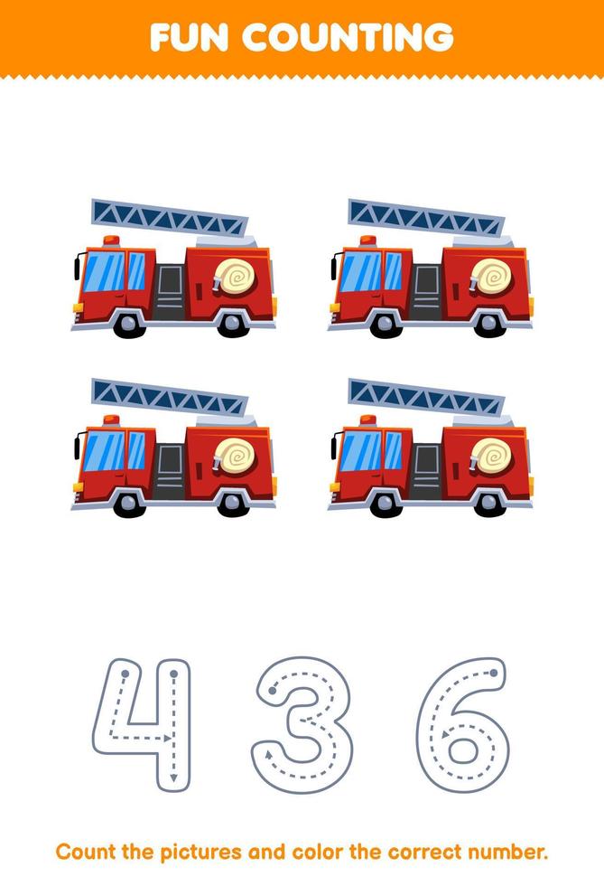 jeu éducatif pour les enfants compter les images et colorier le nombre correct de la feuille de travail imprimable de transport de camion de pompier de dessin animé mignon vecteur