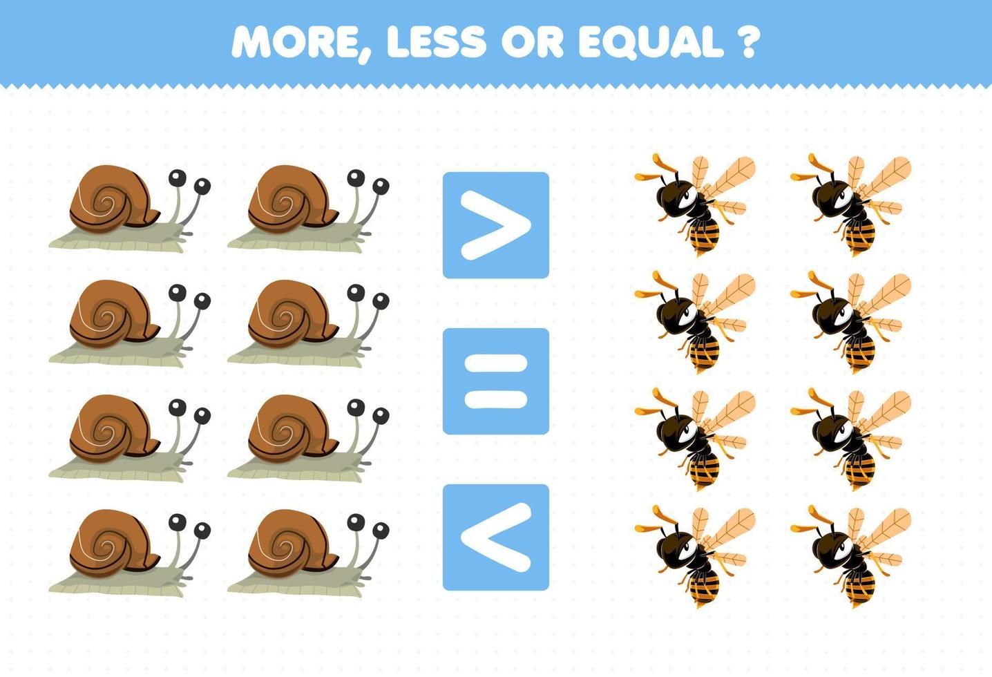 jeu éducatif pour les enfants plus moins ou égal comptez la quantité de dessin animé mignon escargot et guêpe d'abeille feuille de calcul de bogue imprimable vecteur