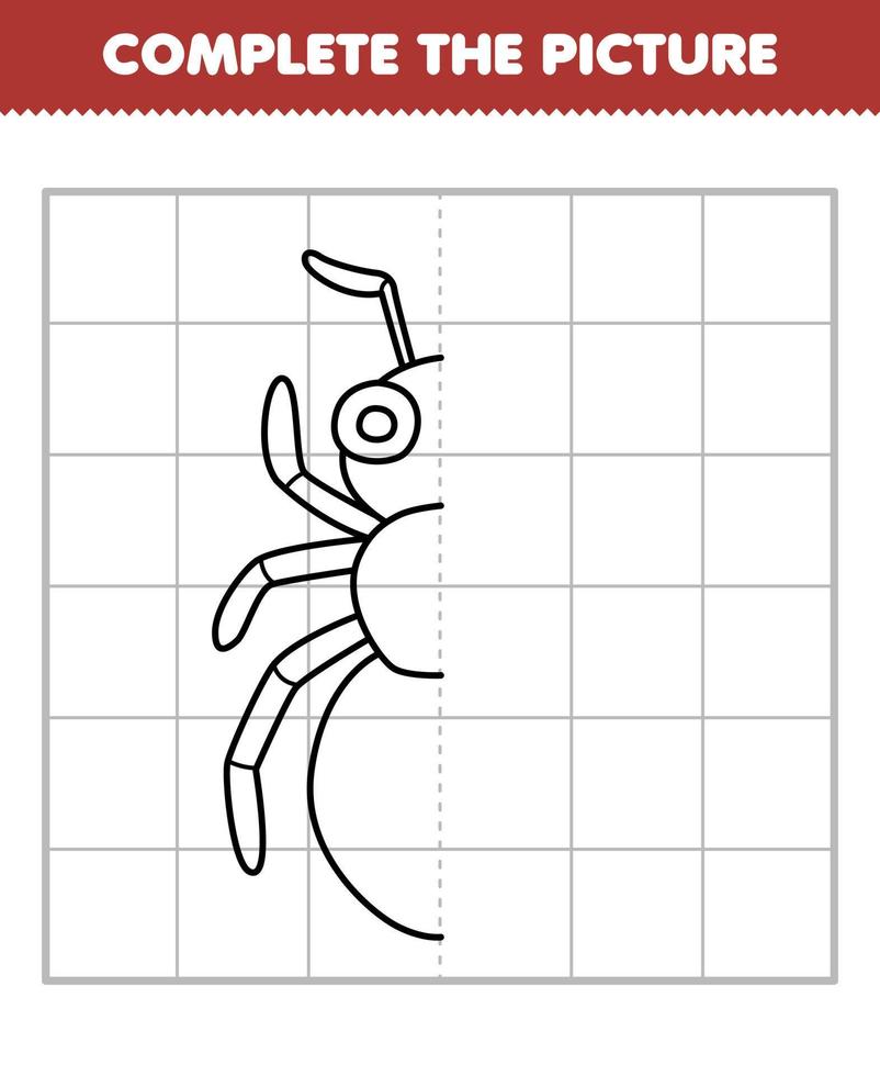 jeu d'éducation pour les enfants compléter l'image de dessin animé mignon fourmi demi-contour pour dessiner une feuille de calcul de bogue imprimable vecteur