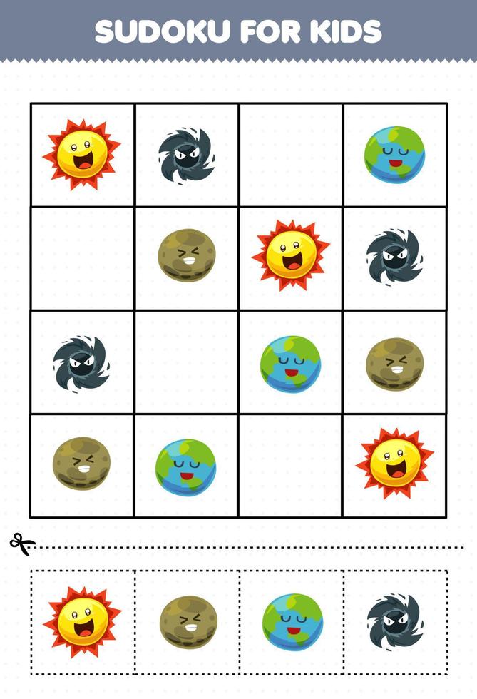 jeu d'éducation pour les enfants sudoku pour les enfants avec dessin animé mignon système solaire planète terre trou noir soleil image vecteur