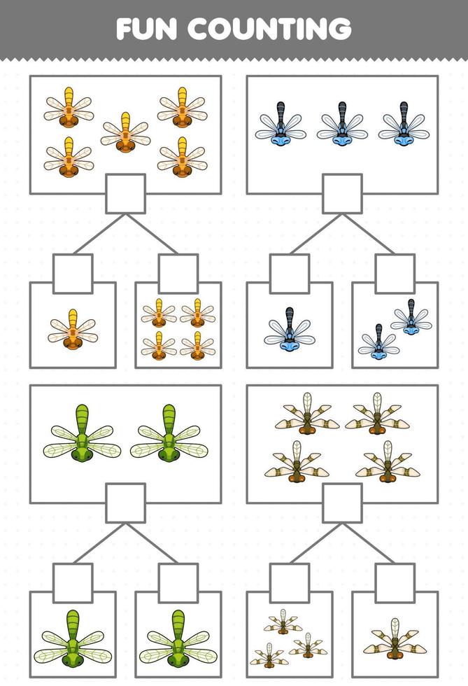 jeu éducatif pour les enfants amusant compter l'image dans chaque boîte de feuille de calcul de bogue imprimable libellule de dessin animé mignon vecteur