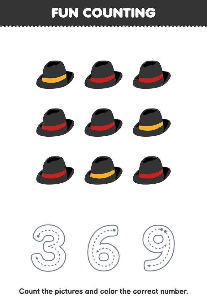 jeu éducatif pour les enfants compter les images et colorier le nombre correct de dessin animé chapeau fedora noir imprimable vêtements portables feuille de travail vecteur