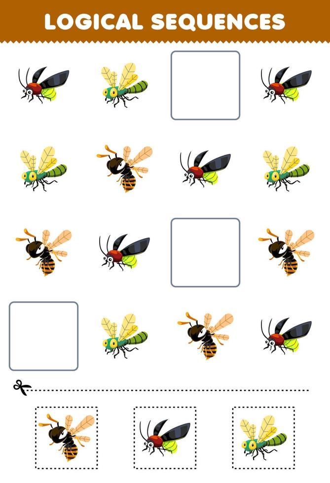 jeu éducatif pour les enfants séquences logiques pour les enfants avec dessin animé mignon abeille luciole libellule feuille de calcul de bogue imprimable vecteur