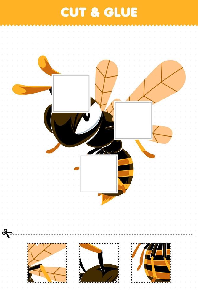 jeu éducatif pour les enfants coupez et collez des parties découpées d'abeille de guêpe de dessin animé mignon et collez-les feuille de calcul de bogue imprimable vecteur