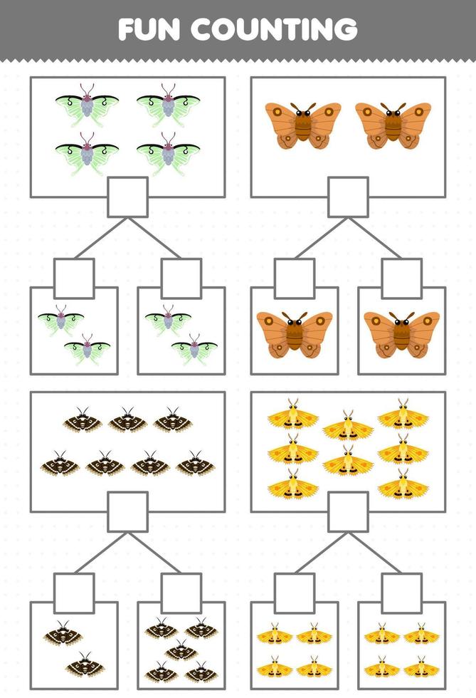 jeu éducatif pour les enfants amusant compter l'image dans chaque boîte de feuille de calcul de bogue imprimable de papillon de nuit de dessin animé mignon vecteur