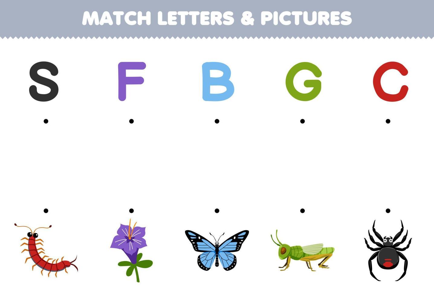 jeu éducatif pour les enfants match lettres et images de dessin animé mignon mille-pattes fleur papillon sauterelle araignée feuille de travail imprimable bug vecteur