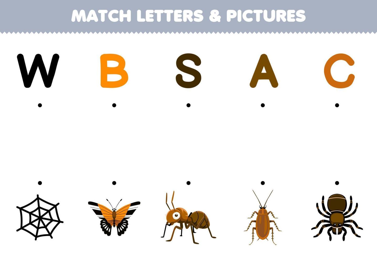 jeu éducatif pour les enfants match lettres et images de dessin animé mignon web papillon fourmi cafard araignée feuille de calcul de bogue imprimable vecteur