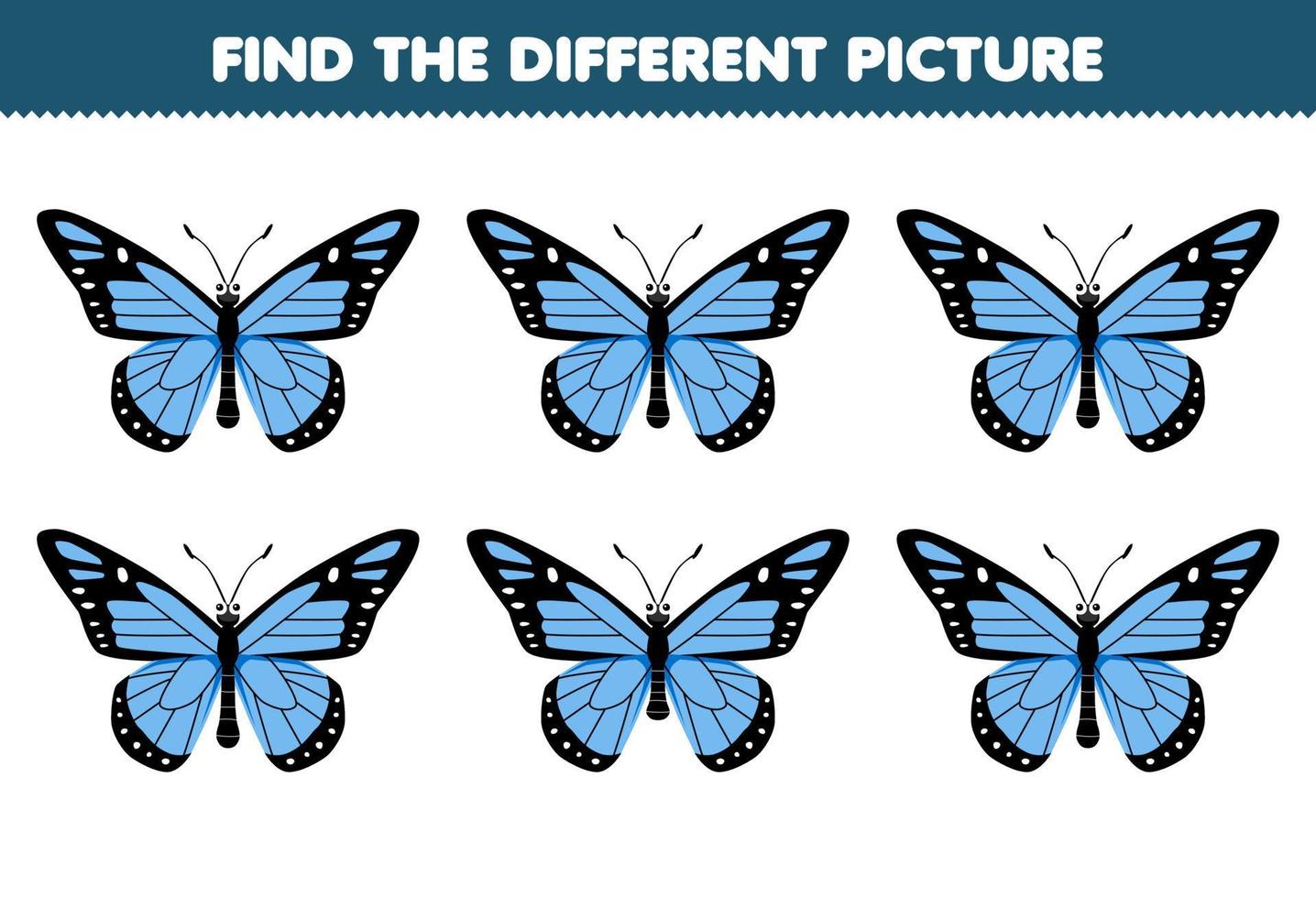 jeu d'éducation pour les enfants trouver l'image différente de la feuille de calcul imprimable de bogue de papillon de dessin animé mignon vecteur