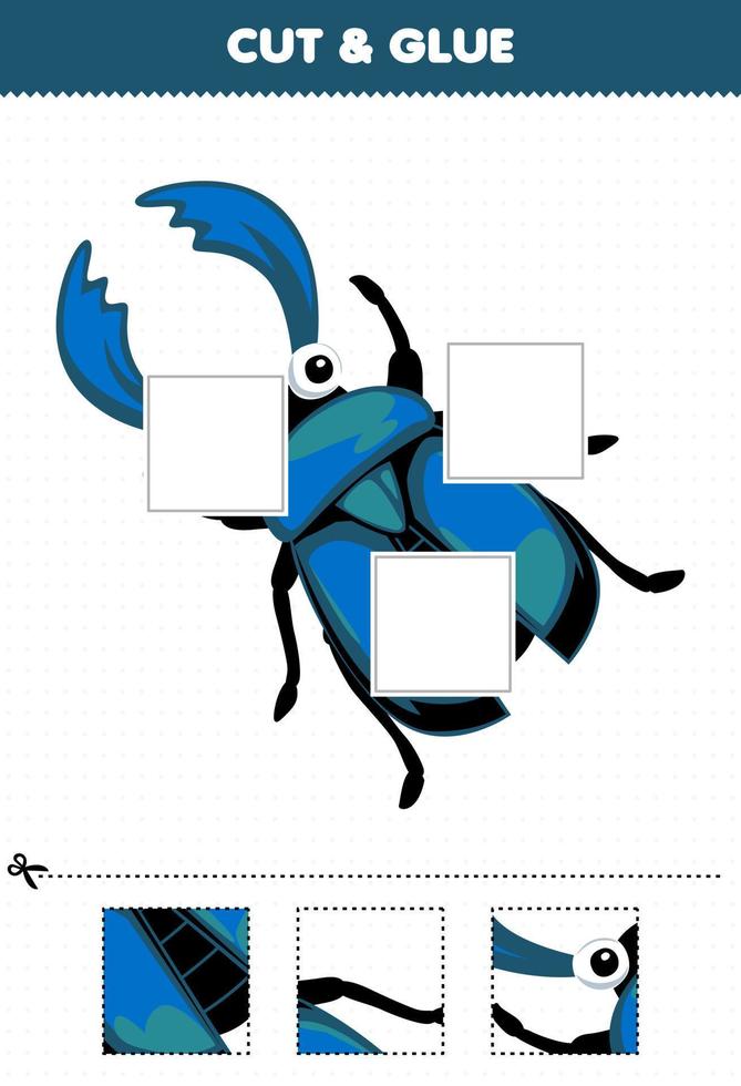 jeu éducatif pour les enfants coupez et collez des parties découpées de dessin animé mignon lucane bleu et collez-les feuille de calcul de bogue imprimable vecteur