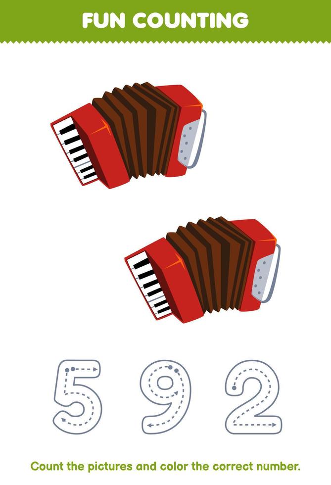 jeu éducatif pour les enfants compter les images et colorier le nombre correct de la feuille de travail imprimable d'instrument de musique d'accordéon de dessin animé vecteur