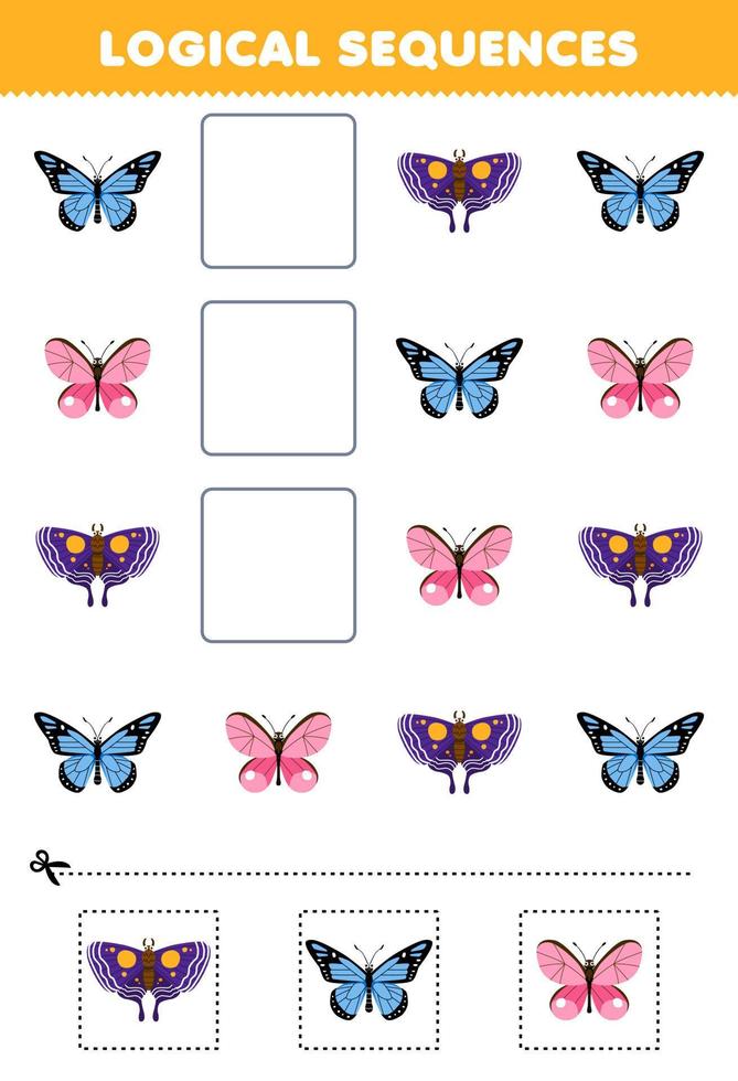 jeu éducatif pour les enfants séquences logiques pour les enfants avec une feuille de calcul de bogue imprimable de papillon de dessin animé mignon vecteur