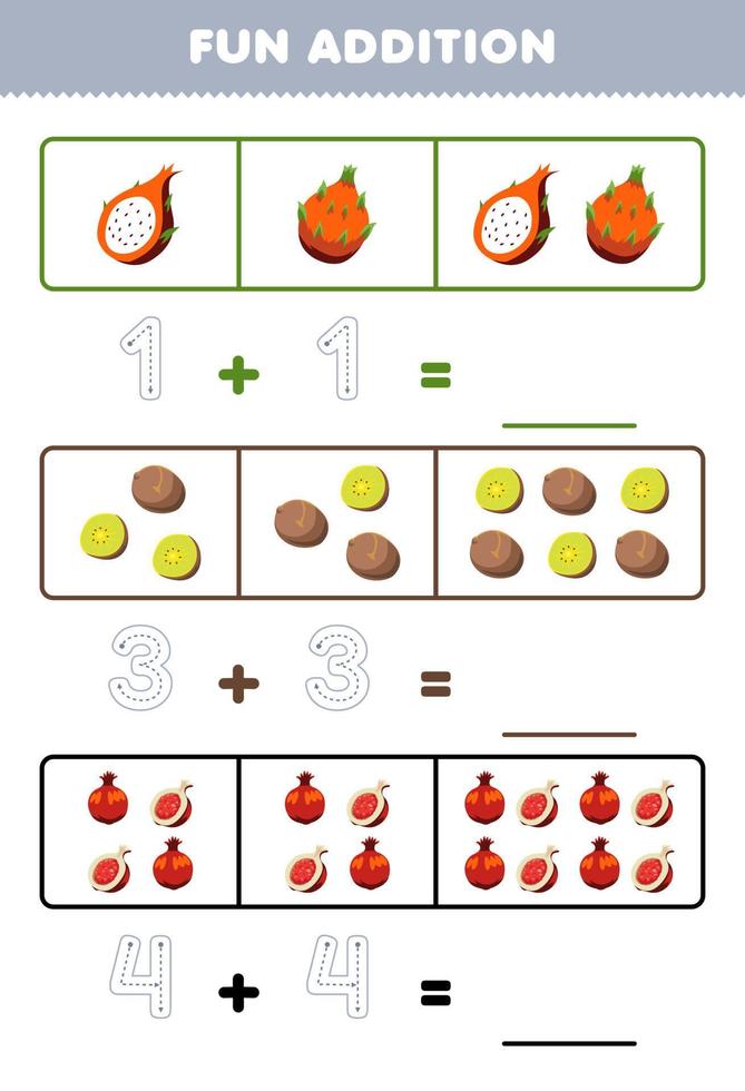 jeu éducatif pour les enfants addition amusante en comptant et en traçant le nombre de dessin animé mignon fruit du dragon kiwi grenade feuille de travail imprimable sur les fruits vecteur