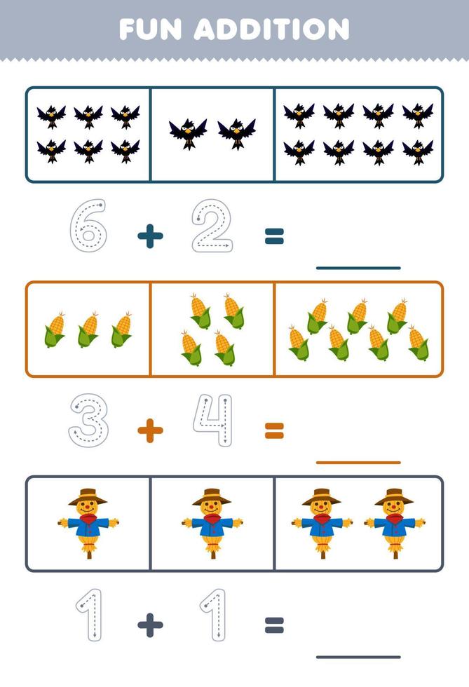 jeu éducatif pour les enfants addition amusante en comptant et en traçant le nombre de dessin animé mignon corbeau maïs épouvantail feuille de travail imprimable de la ferme vecteur