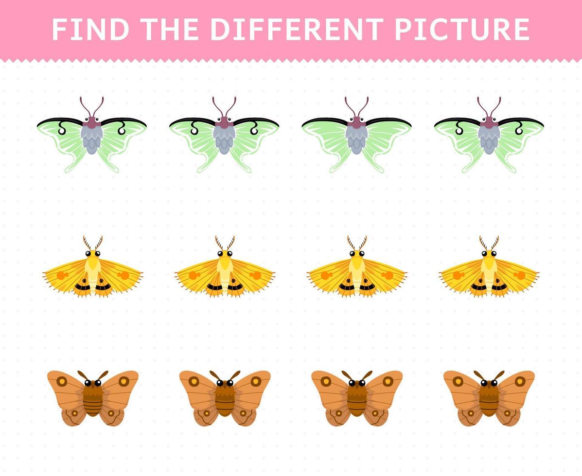 jeu éducatif pour les enfants trouver l'image différente dans chaque rangée de feuille de calcul de bogue imprimable de papillon de nuit de dessin animé mignon vecteur
