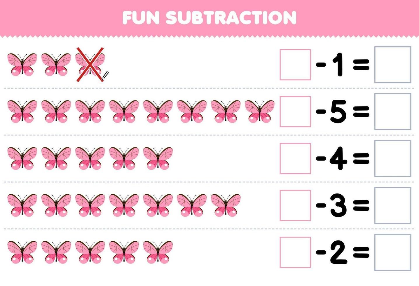 jeu éducatif pour les enfants soustraction amusante en comptant le papillon de dessin animé mignon dans chaque rangée et en l'éliminant feuille de calcul de bogue imprimable vecteur