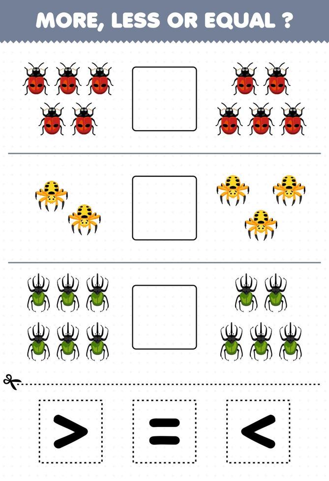 jeu éducatif pour les enfants plus moins ou égal comptez la quantité de coccinelle de dessin animé mignon puis coupez et collez coupez la feuille de calcul de bogue de signe correct vecteur