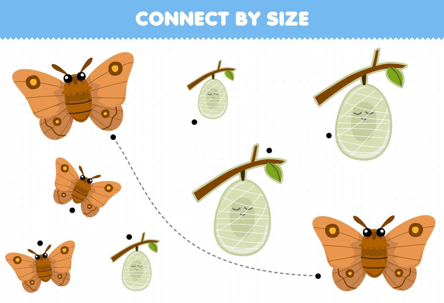 jeu éducatif pour les enfants se connecter par la taille de la feuille de calcul de bogue imprimable de papillon de nuit et de cocon de dessin animé mignon vecteur