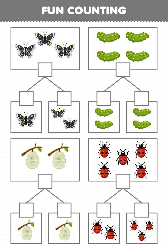 jeu éducatif pour les enfants amusant compter l'image dans chaque boîte de dessin animé mignon papillon chenille cocon coccinelle feuille de calcul de bogue imprimable vecteur