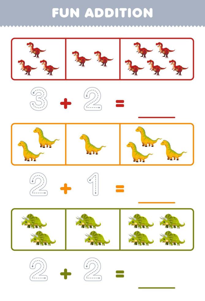 jeu éducatif pour les enfants addition amusante en comptant et en traçant le nombre de dessin animé mignon tyrannosaure isisaurus triceratops feuille de travail imprimable dinosaure préhistorique vecteur