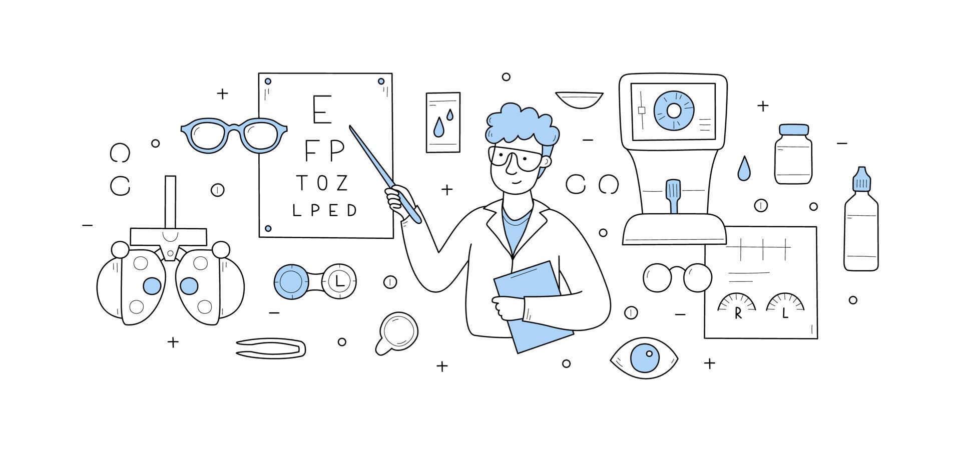 concept de doodle de diagnostic ophtalmologique de vérification des yeux vecteur