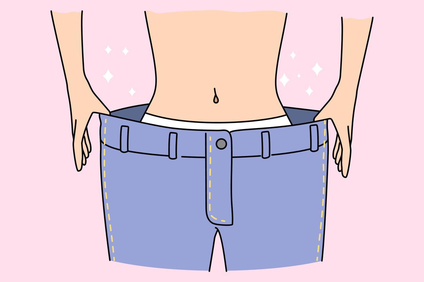 une femme mince en forme dans un grand pantalon ample montre les résultats d'un régime alimentaire ou d'activités sportives. une femme maigre tonique démontre une taille fine après avoir perdu du poids. bien-être, concept de soins de santé. illustration vectorielle plane. vecteur