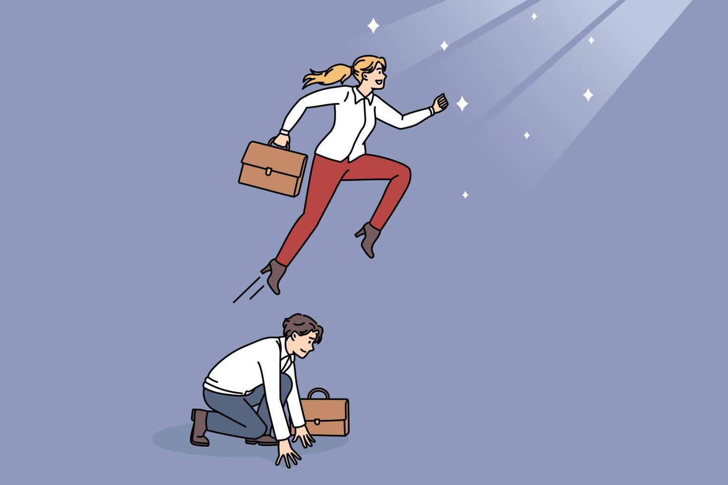 une femme d'affaires motivée saute par-dessus un collègue masculin pour atteindre son objectif de carrière dans les affaires. l'objectif de l'approche de la travailleuse confiante vise à utiliser un collègue comme tremplin. notion de succès. illustration vectorielle. vecteur