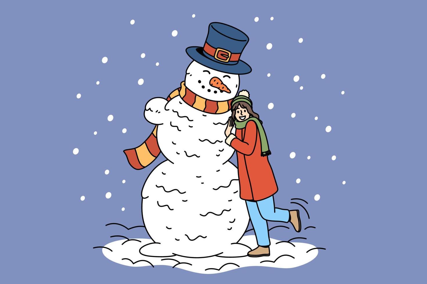 mode de vie actif d'hiver ayant un concept amusant. personnage de dessin animé de jeune femme heureuse debout posant étreignant un énorme bonhomme de neige s'amusant illustration vectorielle vecteur