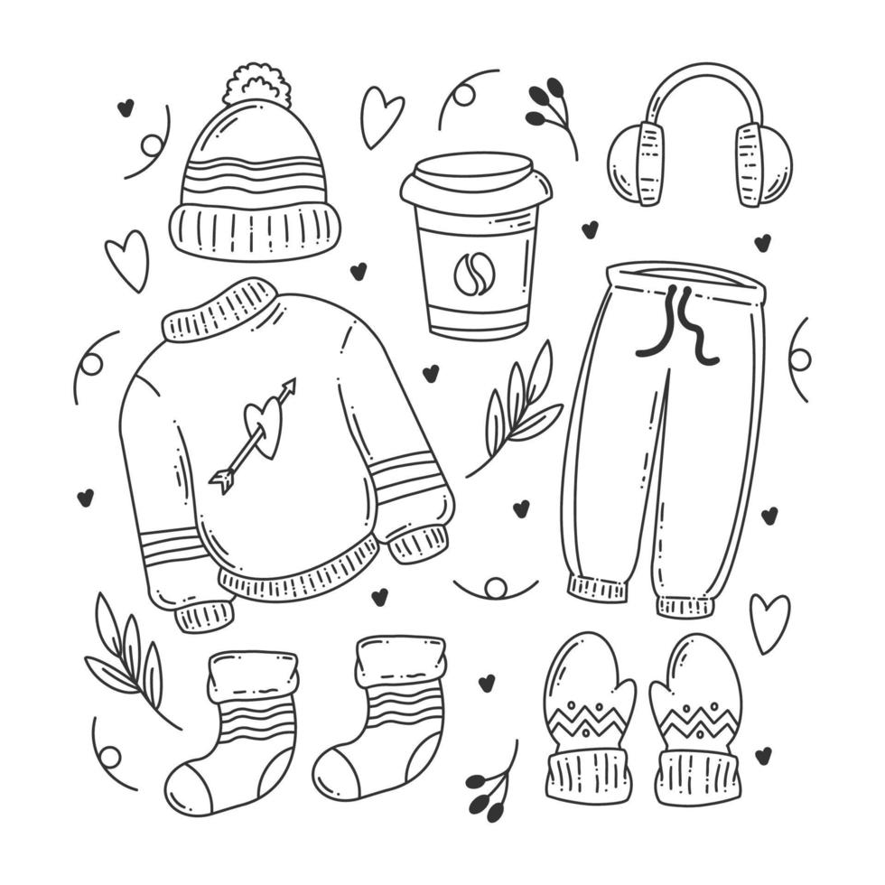coloriage de doodle dessiné à la main de mode d'hiver vecteur