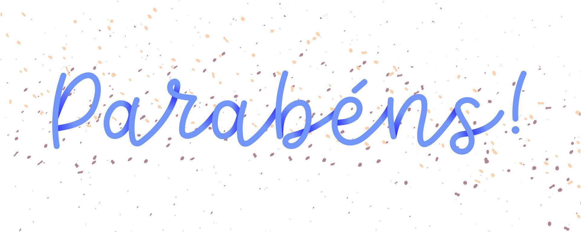 mot cursif à la main bleu clair joyeux anniversaire en portugais brésilien avec des confettis. traduction - joyeux anniversaire vecteur