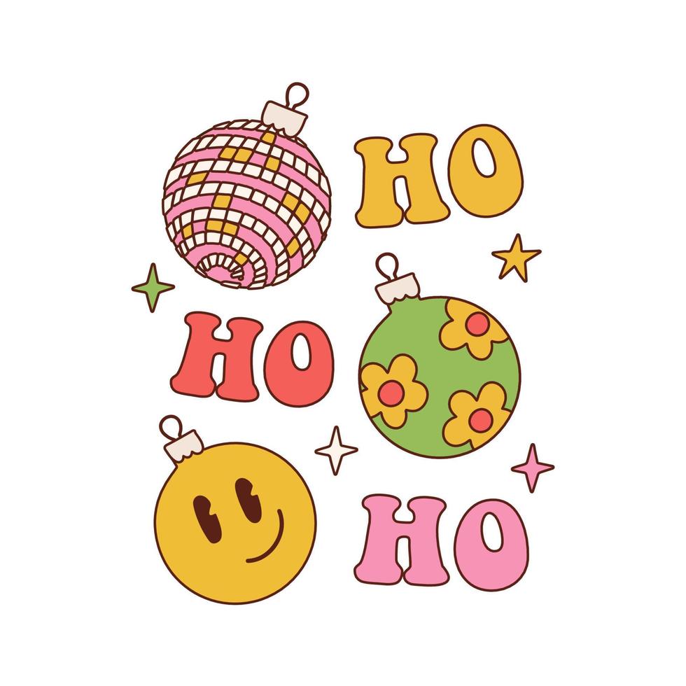 carte de Noël de style vintage hippie. Affiche typographique groovy du nouvel an des années 70 avec hohoho et boules d'arbre de noël. illustration vectorielle dessinés à la main. vecteur