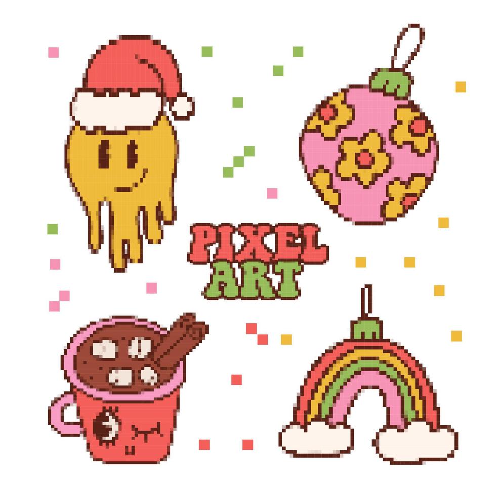 pixel art noël éléments clip art ensemble. Collection de décorations de style jeu vidéo vintage 8 bits de boule et jouet de sapin de noël, tasse de cacao, émoticône en bonnet de noel. illustration mignonne de vecteur pixel art.