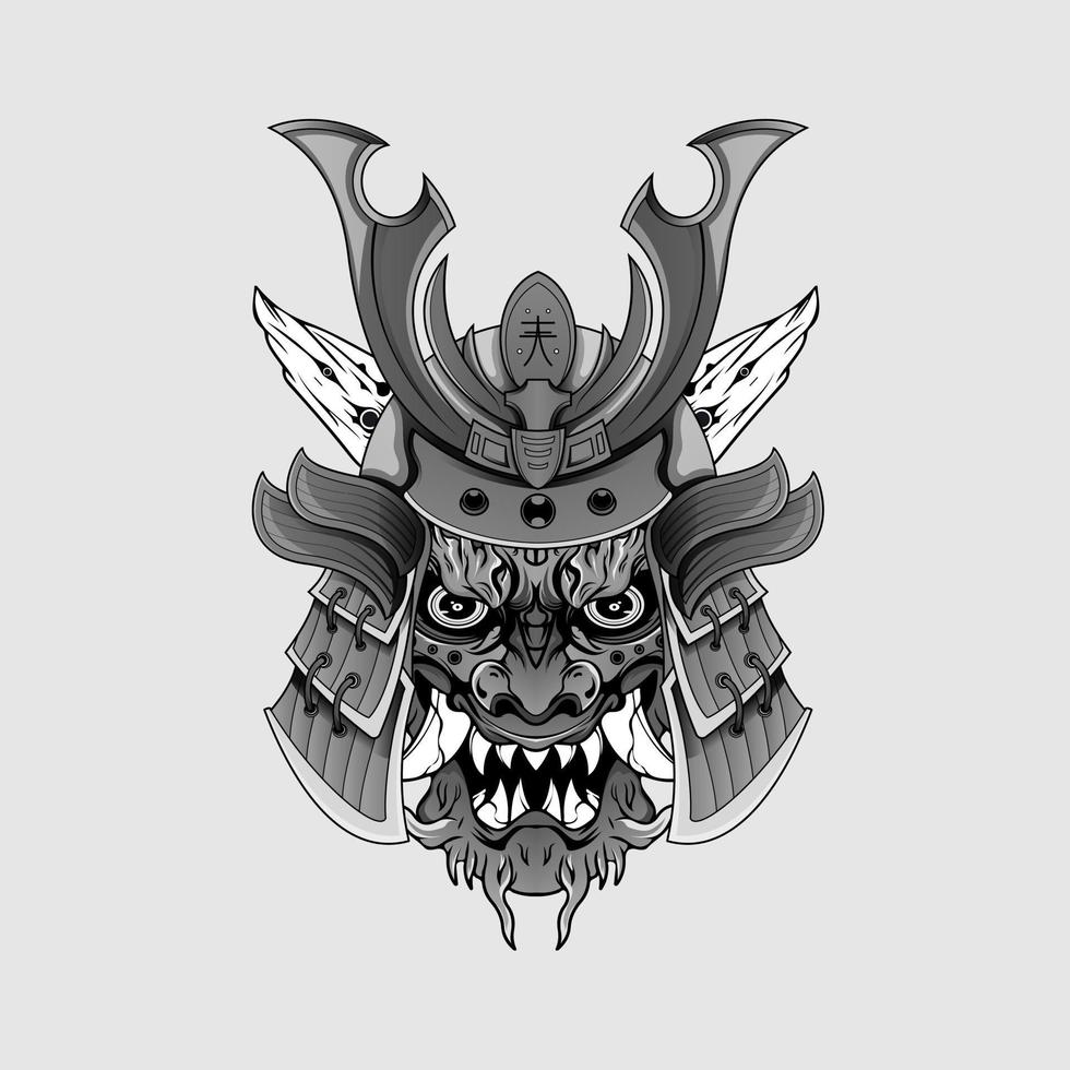 tatouages noirs masque de samouraï diable oni illustration de casque de guerrier traditionnel japonais. concept militaire et historique pour les modèles de symboles et d'emblèmes adaptés aux tatouages vecteur