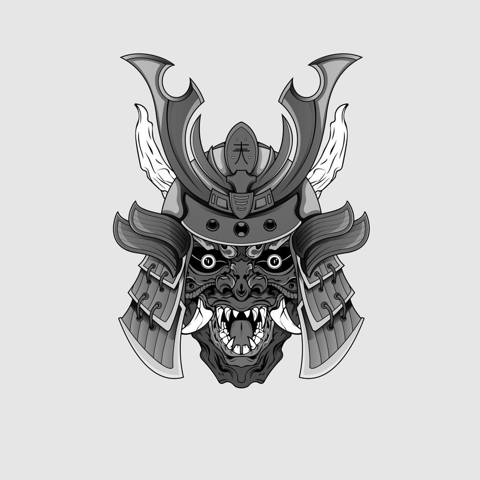 tatouages noirs masque de samouraï diable oni illustration de casque de guerrier traditionnel japonais. concept militaire et historique pour les modèles de symboles et d'emblèmes adaptés aux tatouages vecteur