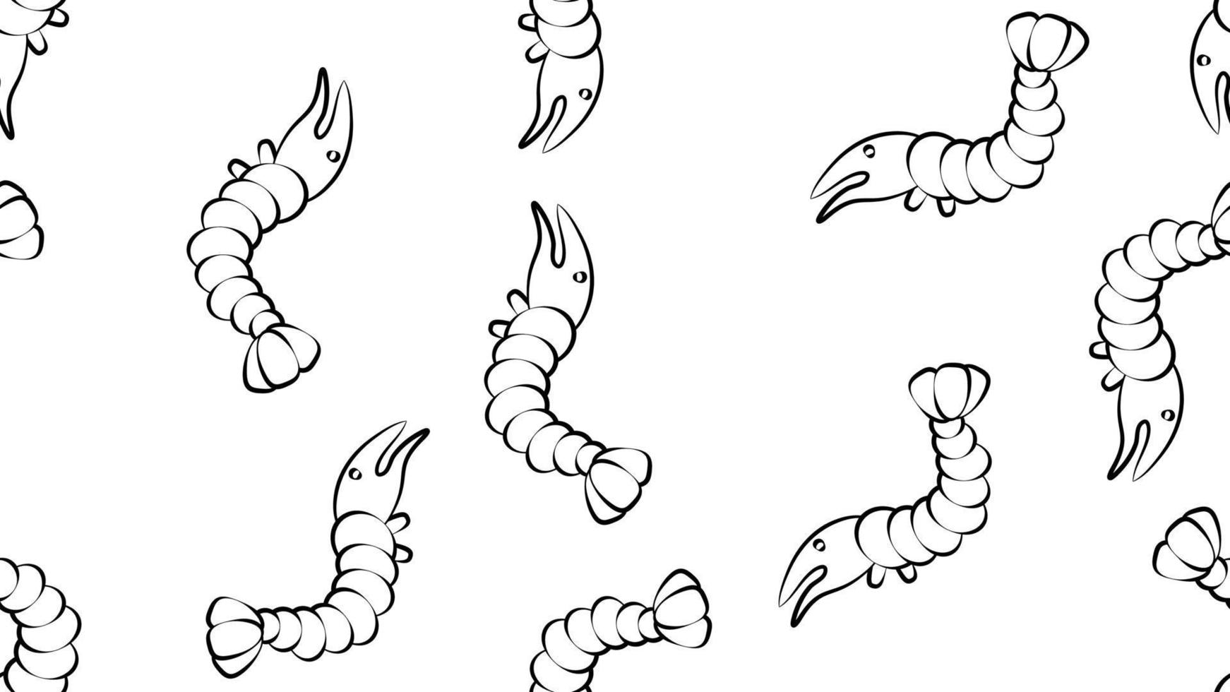 crevettes sur fond blanc, illustration vectorielle, motif. fruits de mer pour la nourriture. illustration transparente, papier peint pour la décoration des cafés et restaurants dans un style de dessin au crayon noir et blanc vecteur