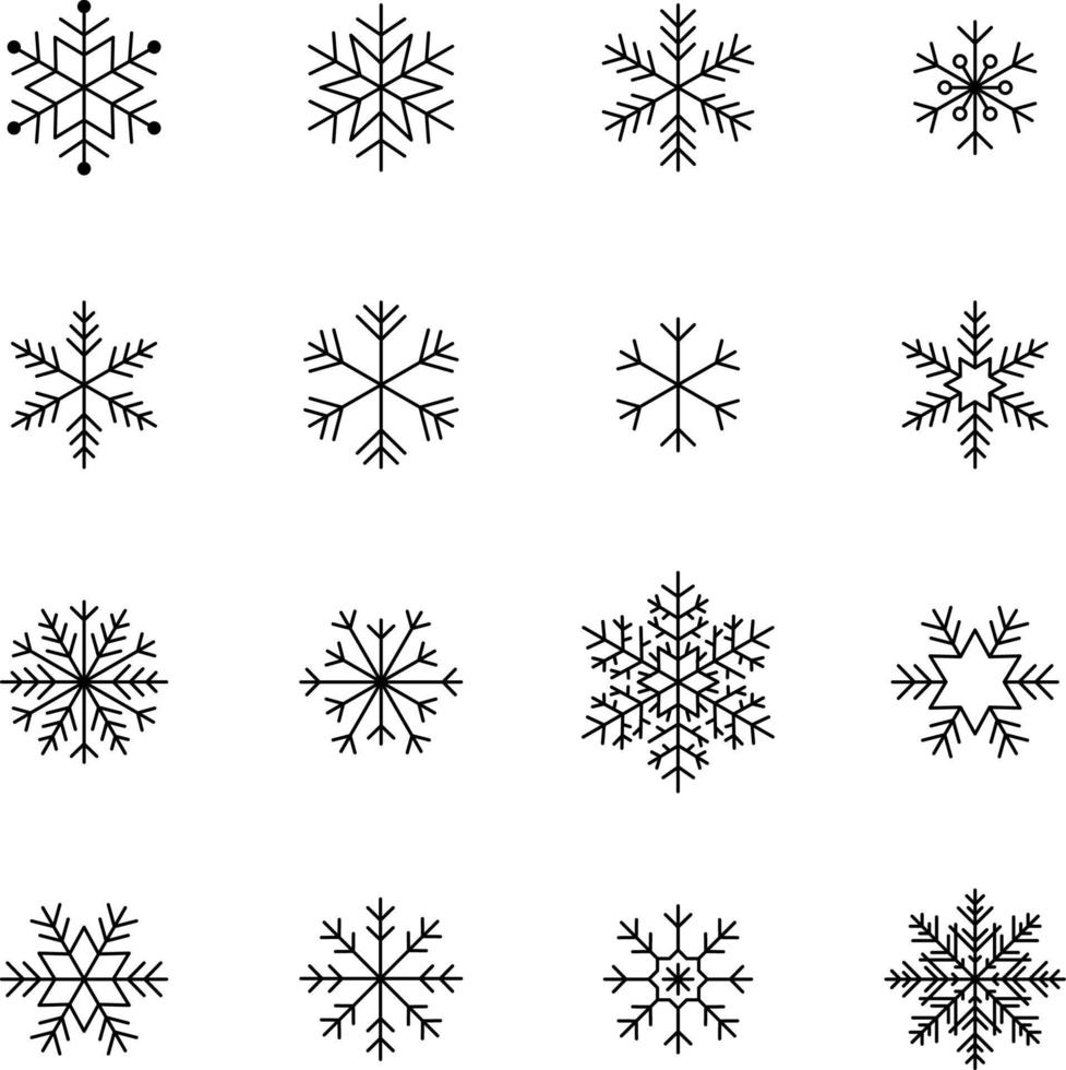 Dispositions de conception de motifs de flocons de neige, variations d'icônes gelées d'hiver, motif de joyeux noël vecteur