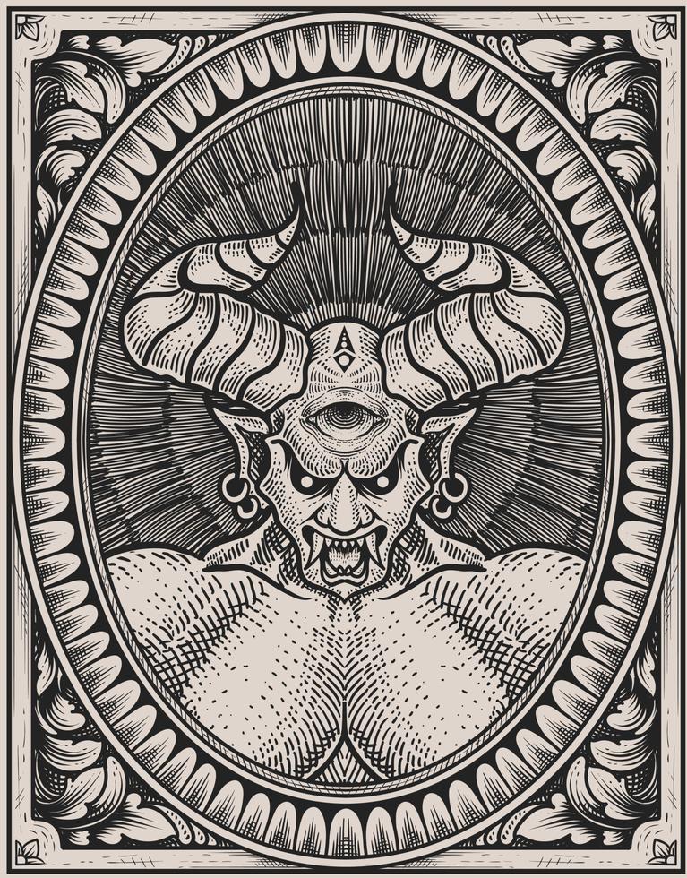illustration badass démon avec gravure ornement vecteur