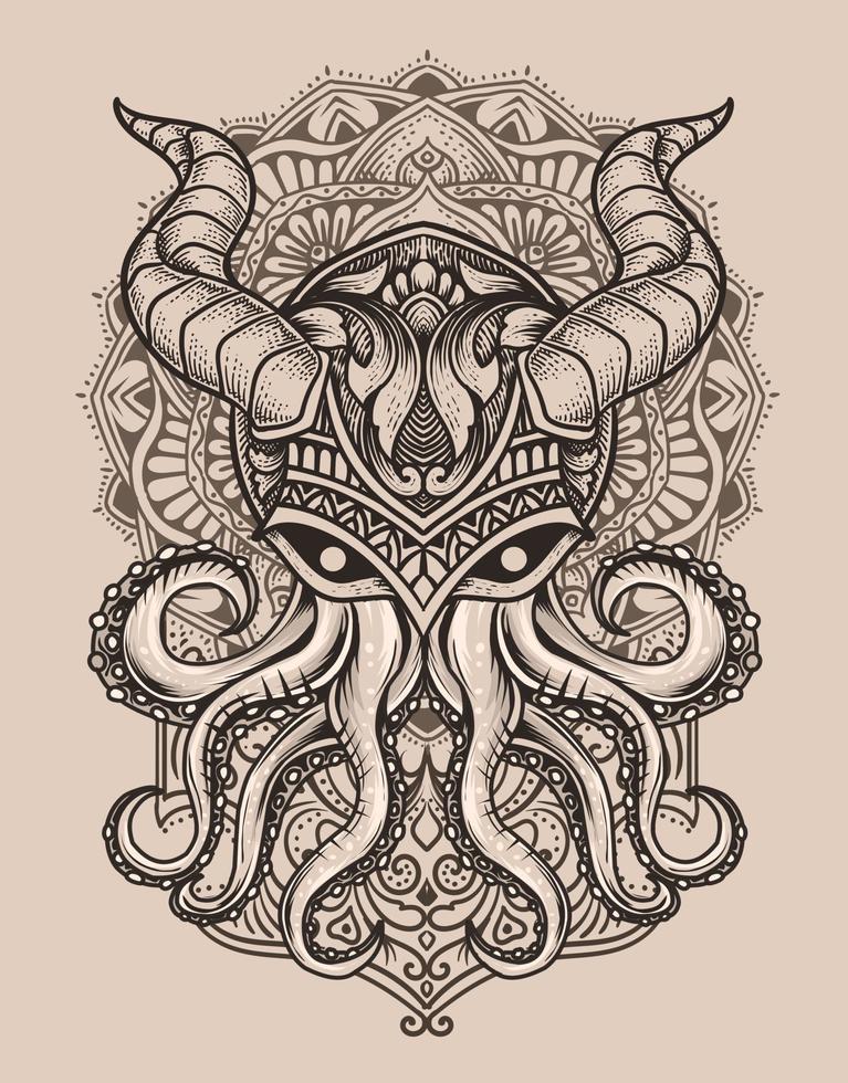 poulpe vintage illustration avec ornement de mandala vecteur