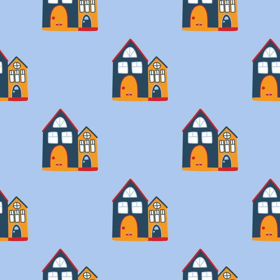 motif vectoriel avec de jolies maisons multicolores nordiques dans un style doodle, hygge, maison confortable sur fond bleu. motif pour tissus, cartes postales, emballages cadeaux, pyjamas.