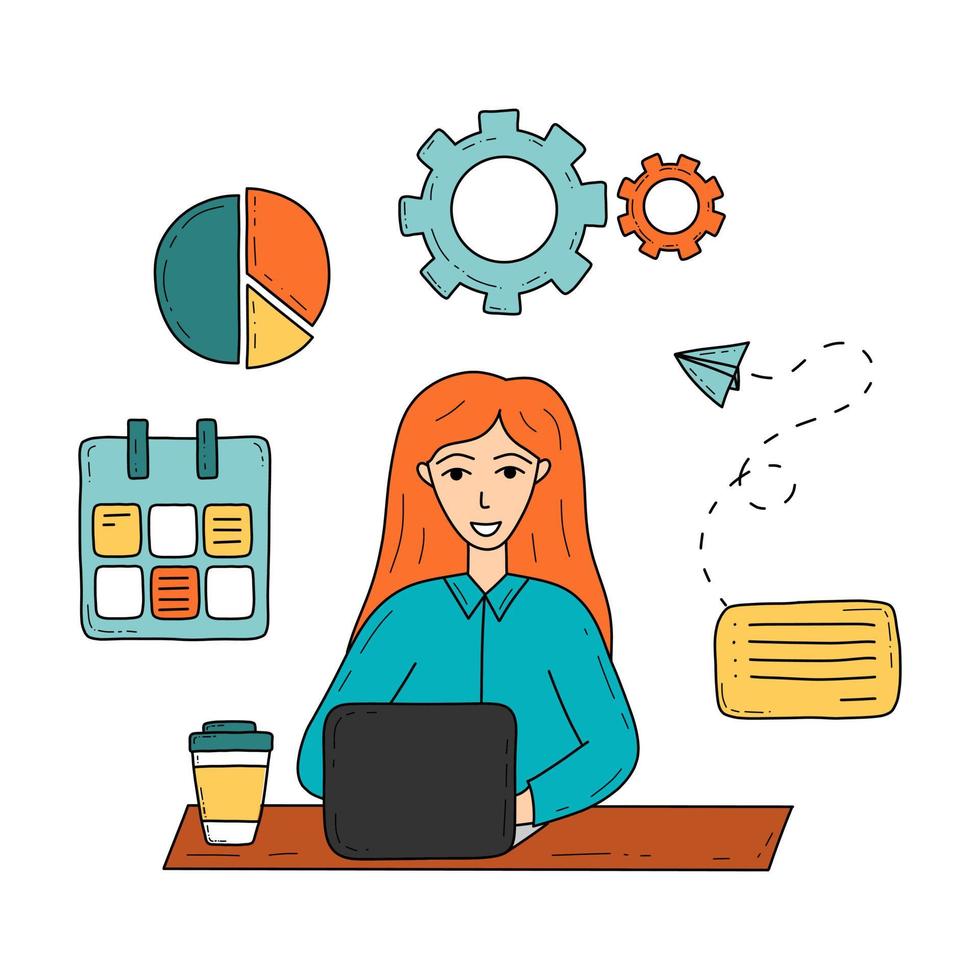 doodle femme travaillant avec ordinateur portable vecteur illustration isolée