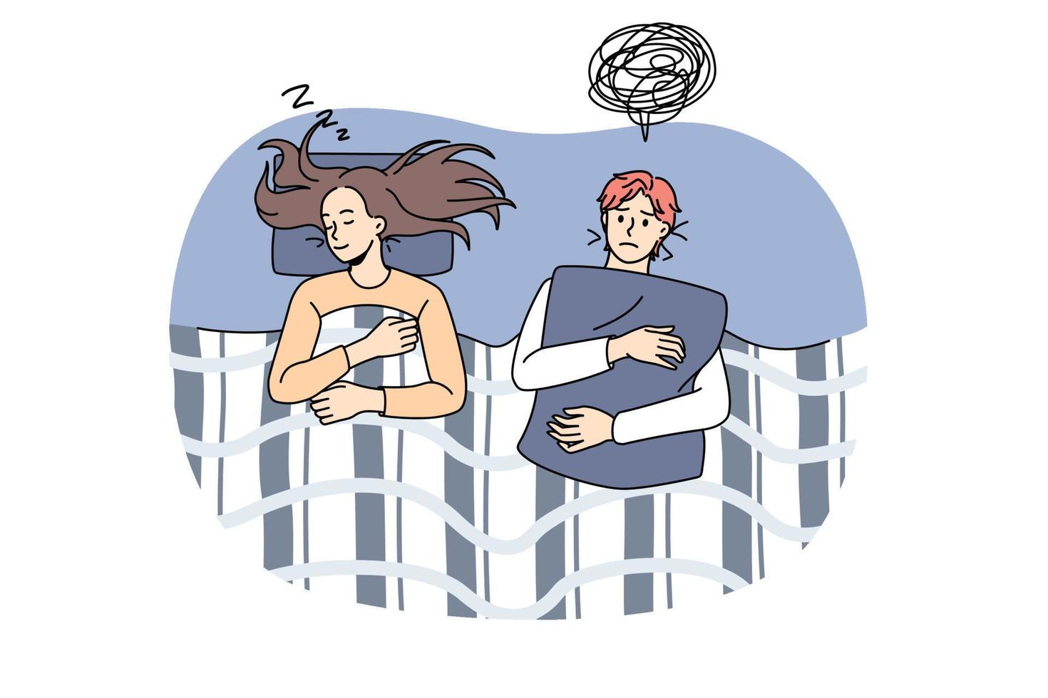 personnes anxieuses sans sommeil pendant la nuit. illustration vectorielle d'un couple éveillé pendant la nuit souffrant d'un problème d'insomnie vecteur