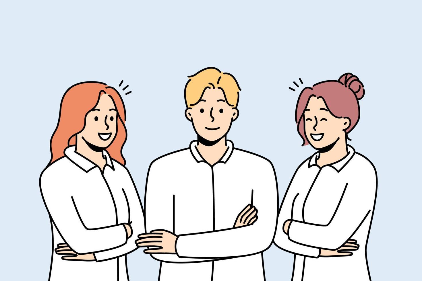 portrait de jeunes professionnels souriants en uniforme se sentant réussis et confiants. groupe de spécialistes du travail ou de personnel en tenue de soirée. illustration vectorielle. vecteur