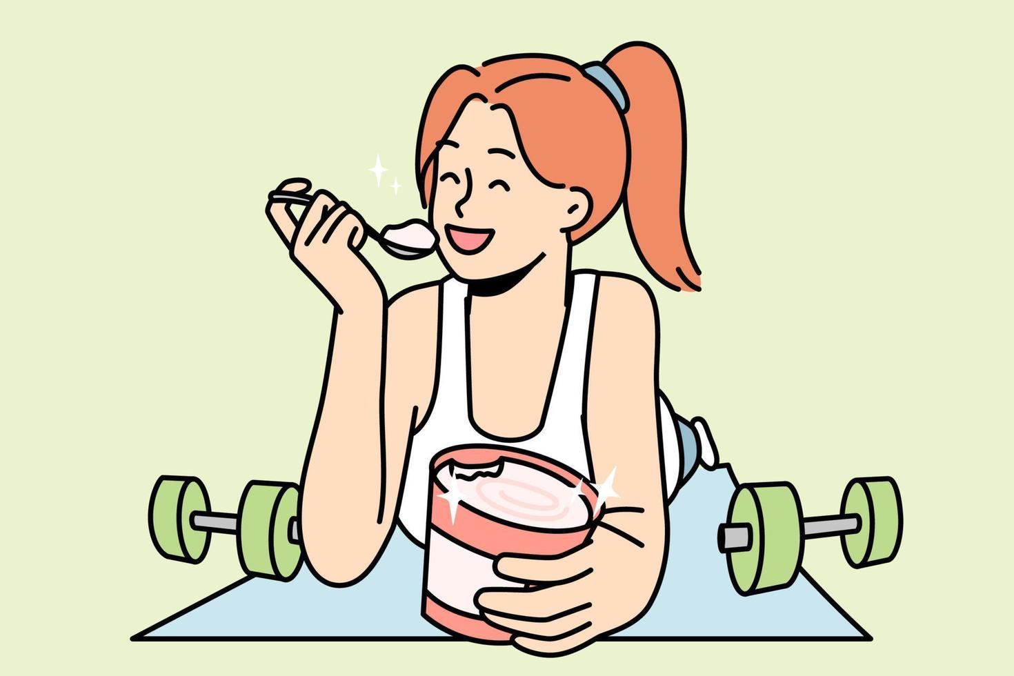 fille souriante allongée sur un tapis de fitness en train de manger des glaces. heureuse jeune femme quitter le sport profiter du dessert du pot. alimentation et nutrition. illustration vectorielle. vecteur