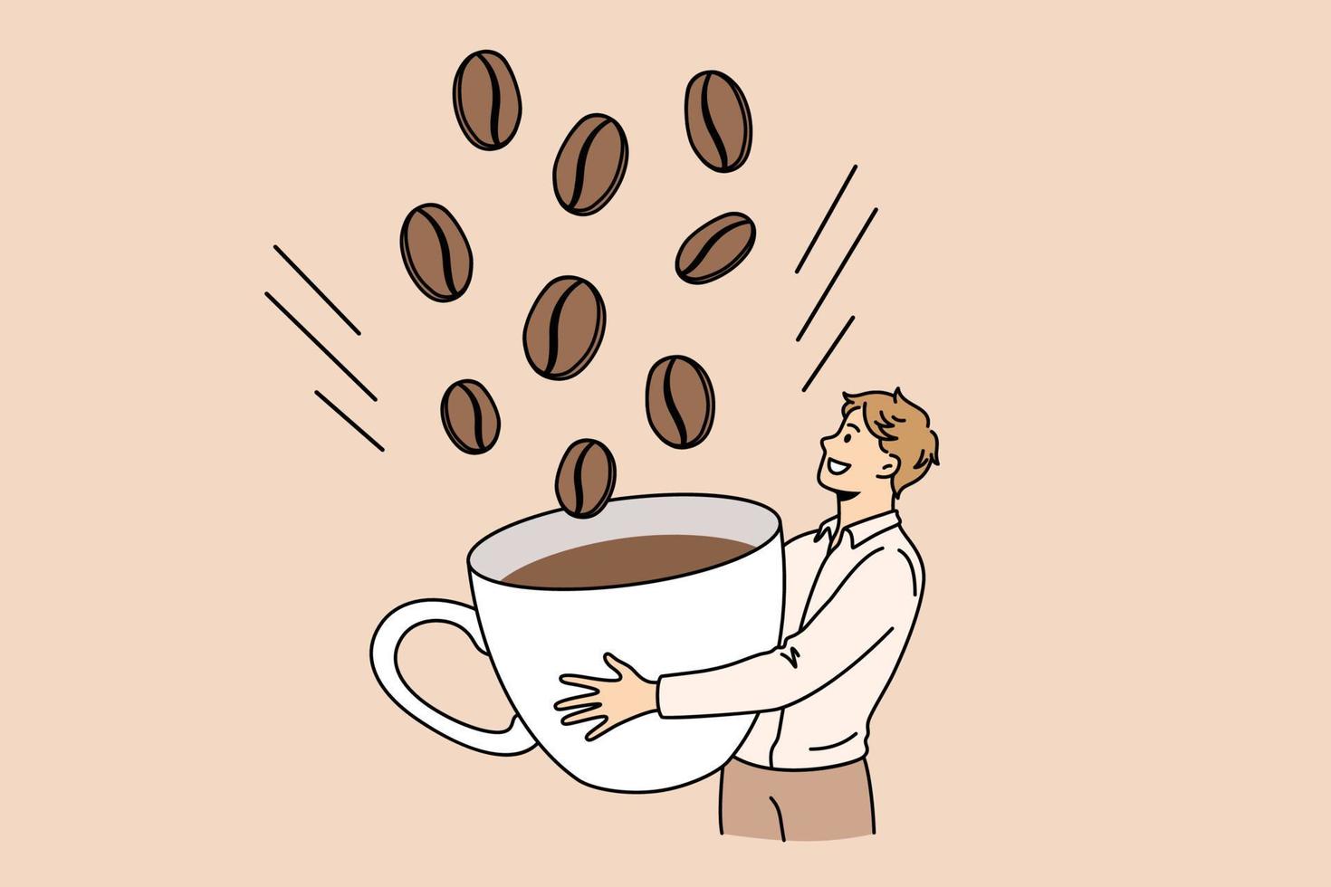 concept de petit-déjeuner de boisson au café énergétique. jeune homme souriant personnage de dessin animé debout cueillette d'énormes grains de café à la tasse illustration vectorielle vecteur