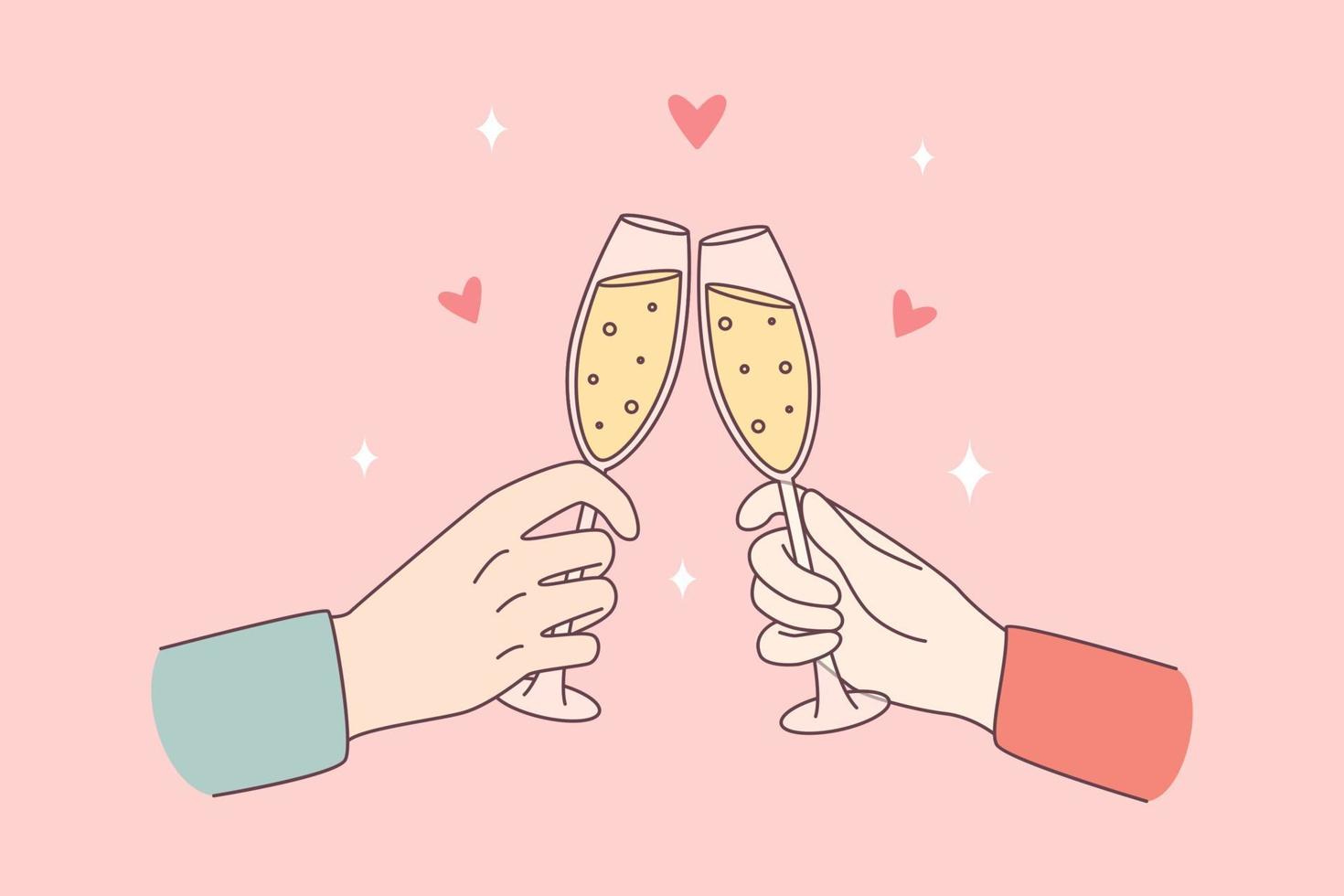 célébrer avec le concept champagne et acclamations. mains humaines de couple tintant des verres avec du vin mousseux célébrant l'illustration vectorielle de vacances vecteur