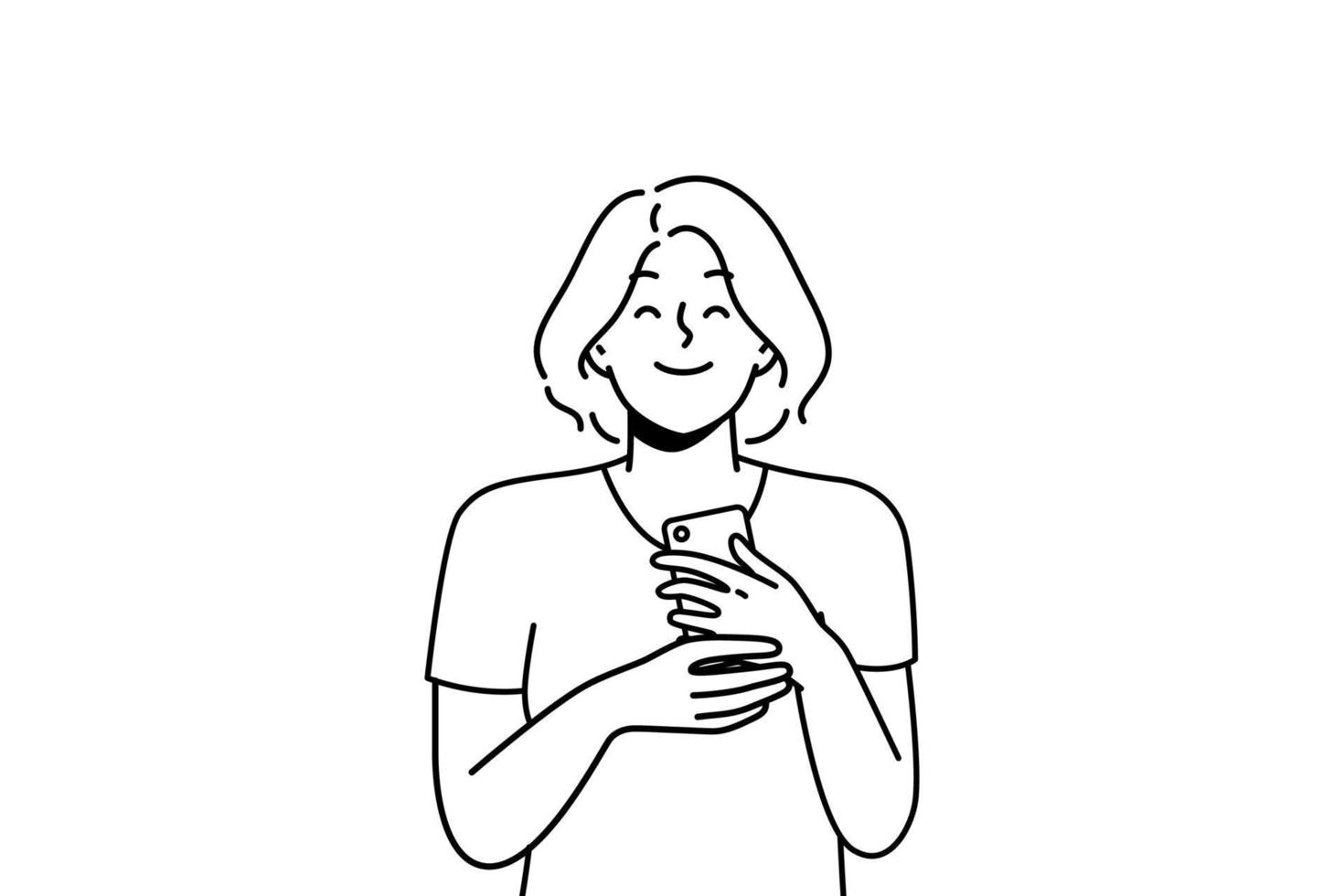 jeune femme souriante tenant un téléphone portable excitée par un bon message ou texte. fille heureuse avec bulle au-dessus de la tête satisfaite des nouvelles sur smartphone. illustration vectorielle. vecteur