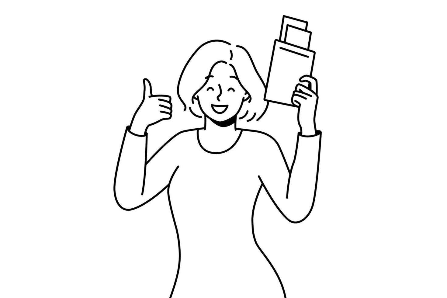 femme souriante tenant un passeport dans les mains excitée par les voyages. heureuse voyageuse prête pour les vacances d'été. notion de tourisme. illustration vectorielle. vecteur