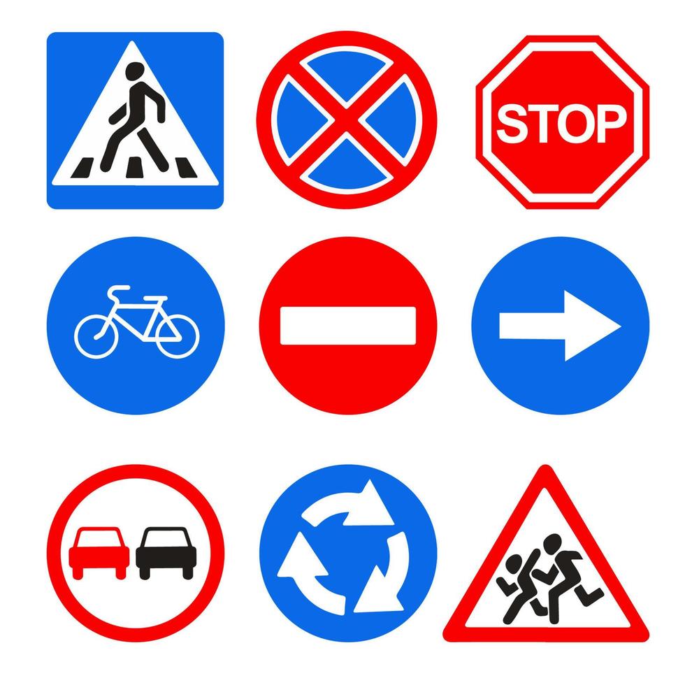 panneaux de signalisation de vecteur. passage pour piétons, arrêt interdit, stop, piste cyclable, entrée interdite, pas de dépassement, rond-point. vecteur